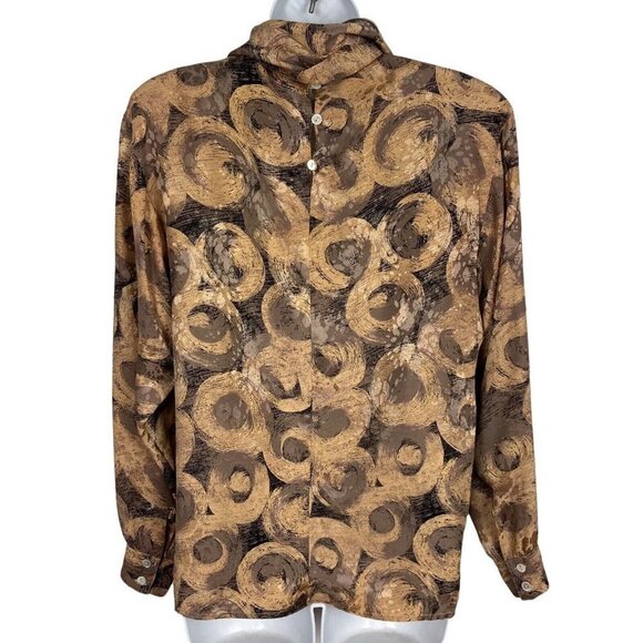 Vintage Pura Seta Silk Secretary Blouse 6 Bronze Swirls Satin Bow High Neck - Picture 4 of 6